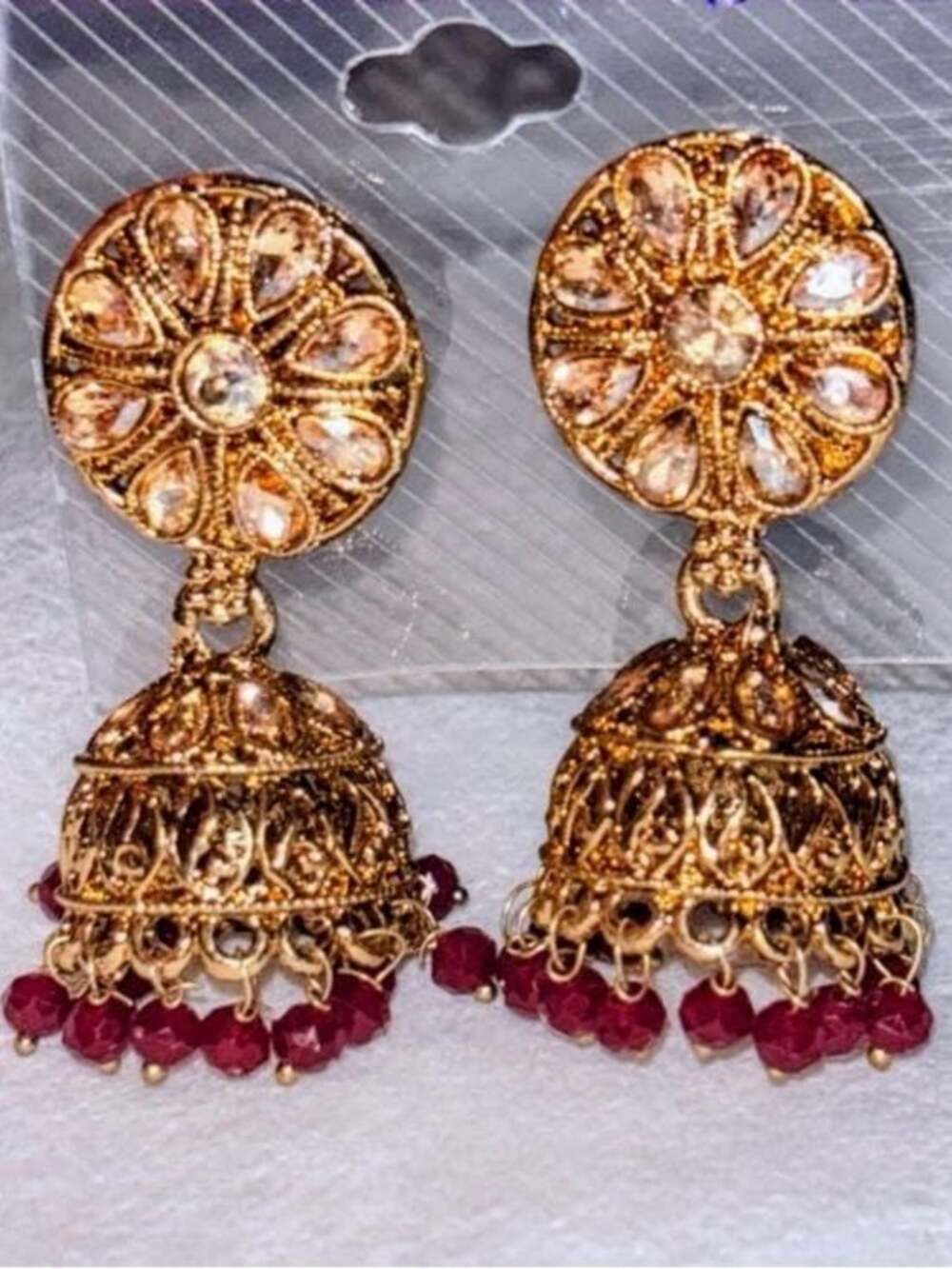 Free with $100+ purchase | Gold Jhumkas with Red Polki Beads